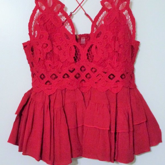 Nwot Free People Adella Crochet Lace Ruffled Camisole Red Tank Small $68+ - Picture 3 of 5